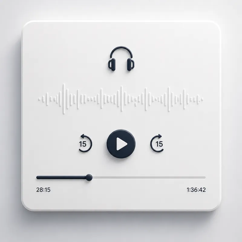 Minimalist digital audiobook player interface with headphones icon, play button, and 15-second skip controls on white background.
