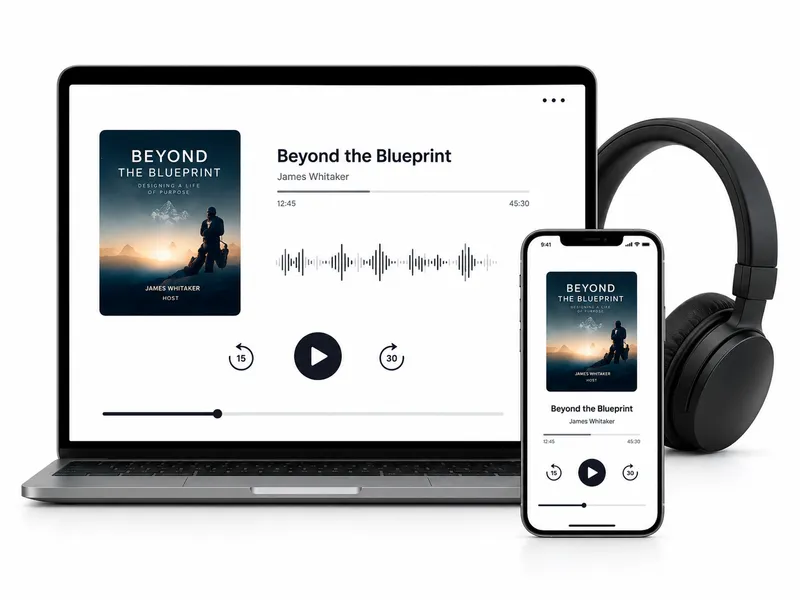 MyAudium audiobook player app interface displayed on a laptop screen and smartphone next to headphones.